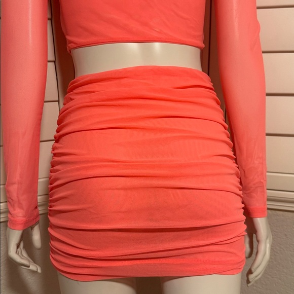 Hot & Delicious Neon Coral Ruched Two-Piece Set | Long Sleeve Crop Top &  Skirt - Picture 9 of 12